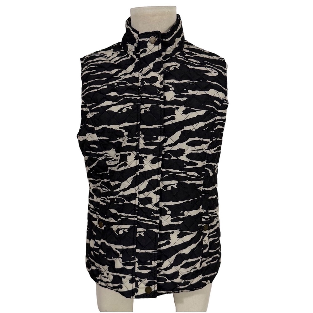 Nine‎ West Women's Quilted Vest Black White Camo Stand Collar Size M Fall Winter